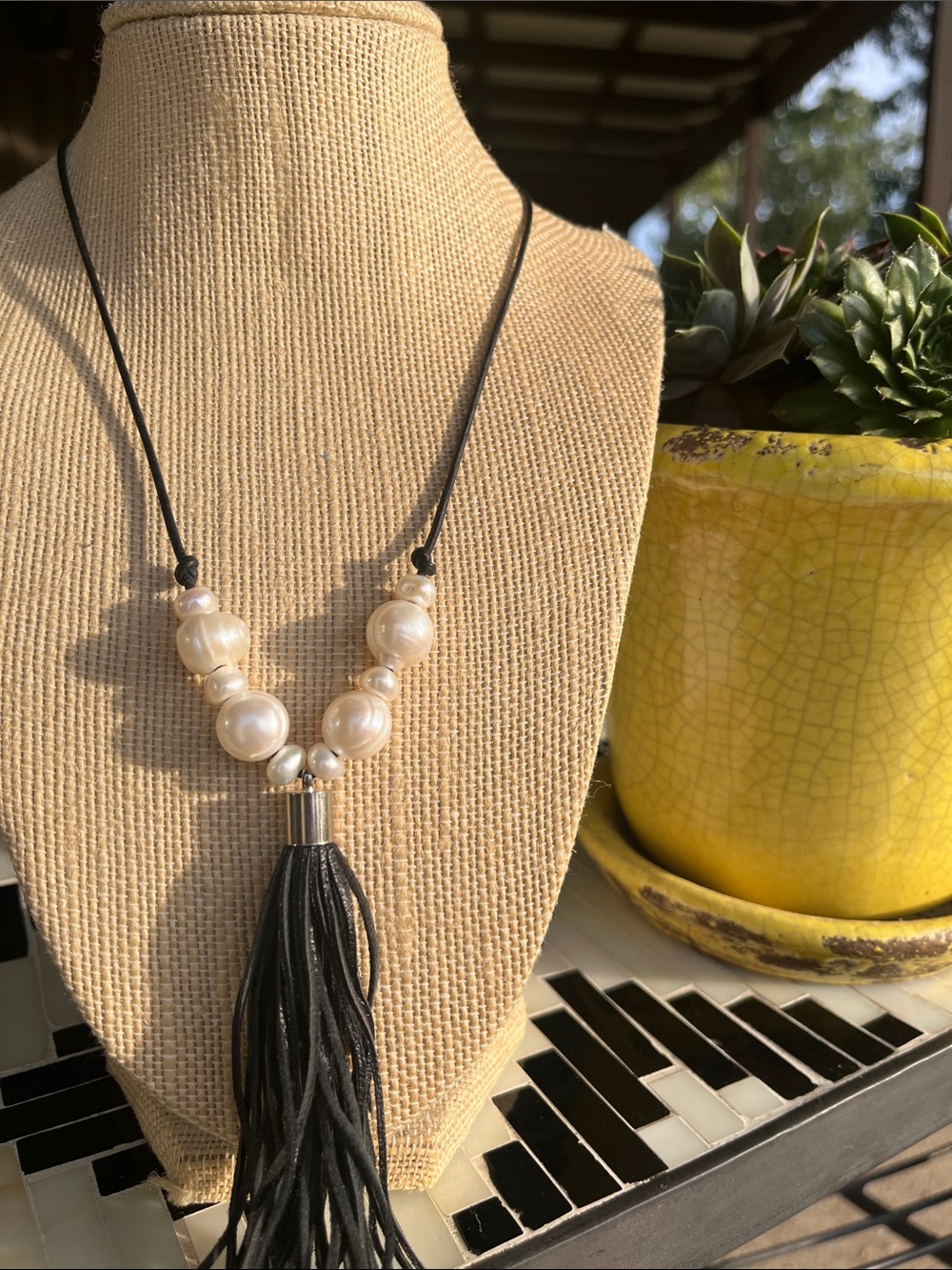 Artisan Freshwater Pearl and Black Leather Tassel Necklace - Elegant Jewelry